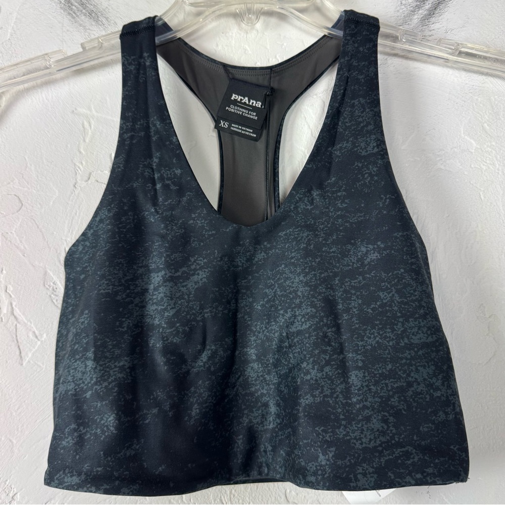 Prana Top Shirt Knit Longline Bra Momento Crop Reversible‎ Printed Black Grey